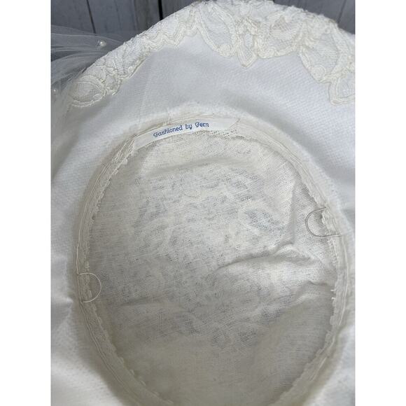 Vintage French White Ivory Lace Tulle Bridal Hat Pearls Rhinestones Veil 80s 90 main image 2